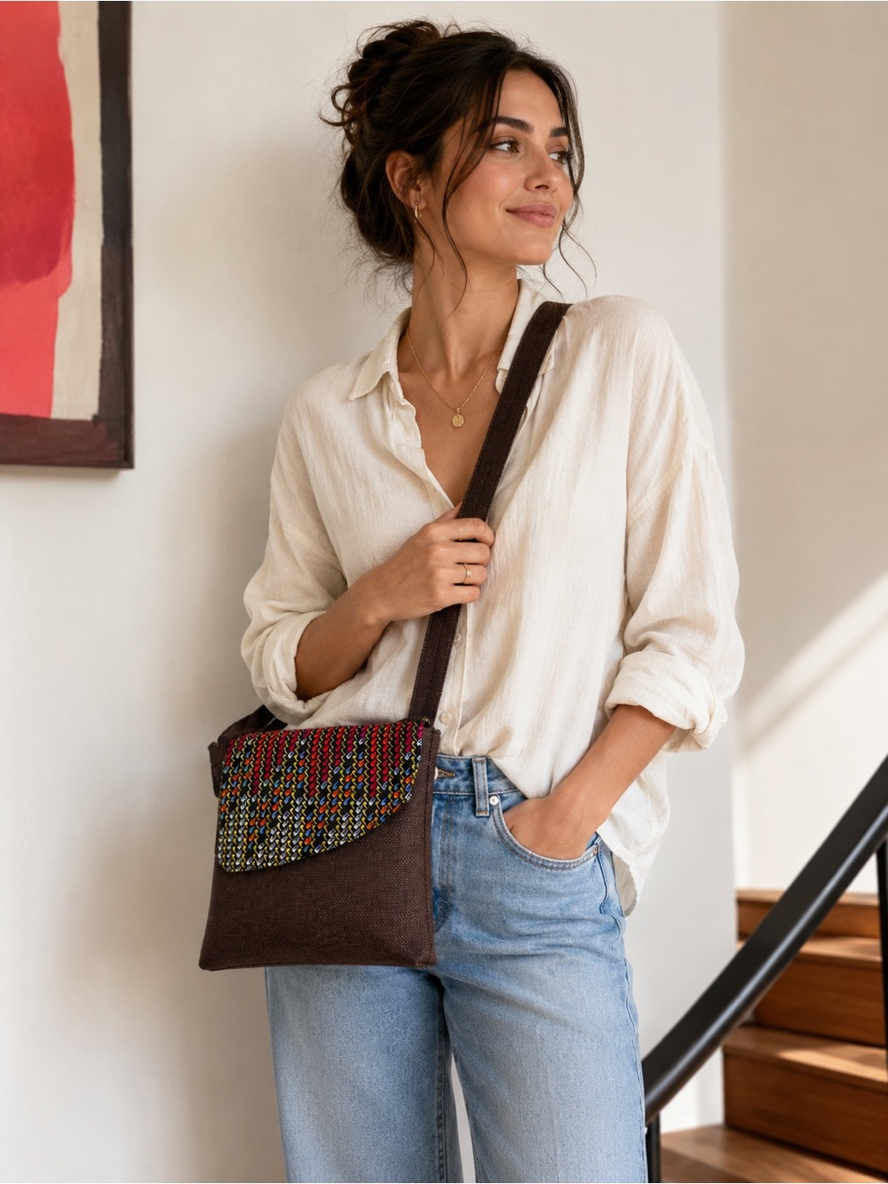 Brown Crossbody Bag with Multicolor Woven Flap